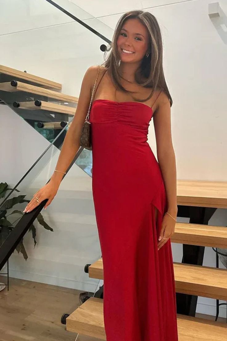 Simple Sweetheart Red Long Sheath Prom Dress With Split