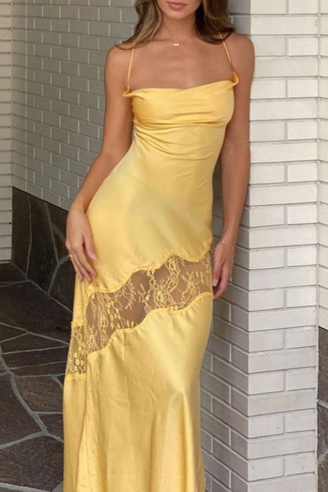 Classy Mermaid Straps Yellow Lace Hollow Out Long Prom Dress Birthday Dress