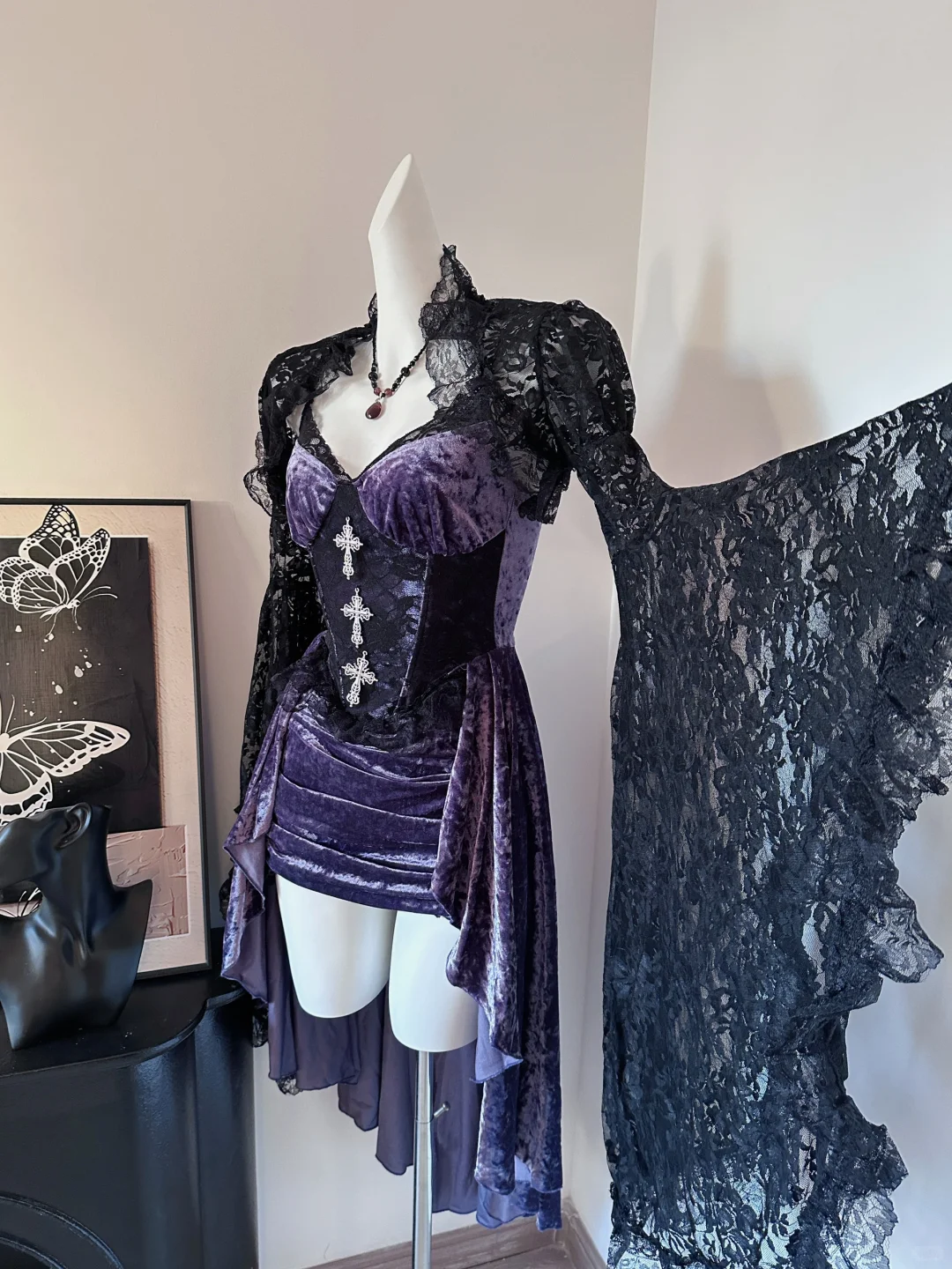 Pretty Spaghetti Straps Purple Velvet Lace Short Birthday Dress Formal Homecoming Dress Cocktail Dress