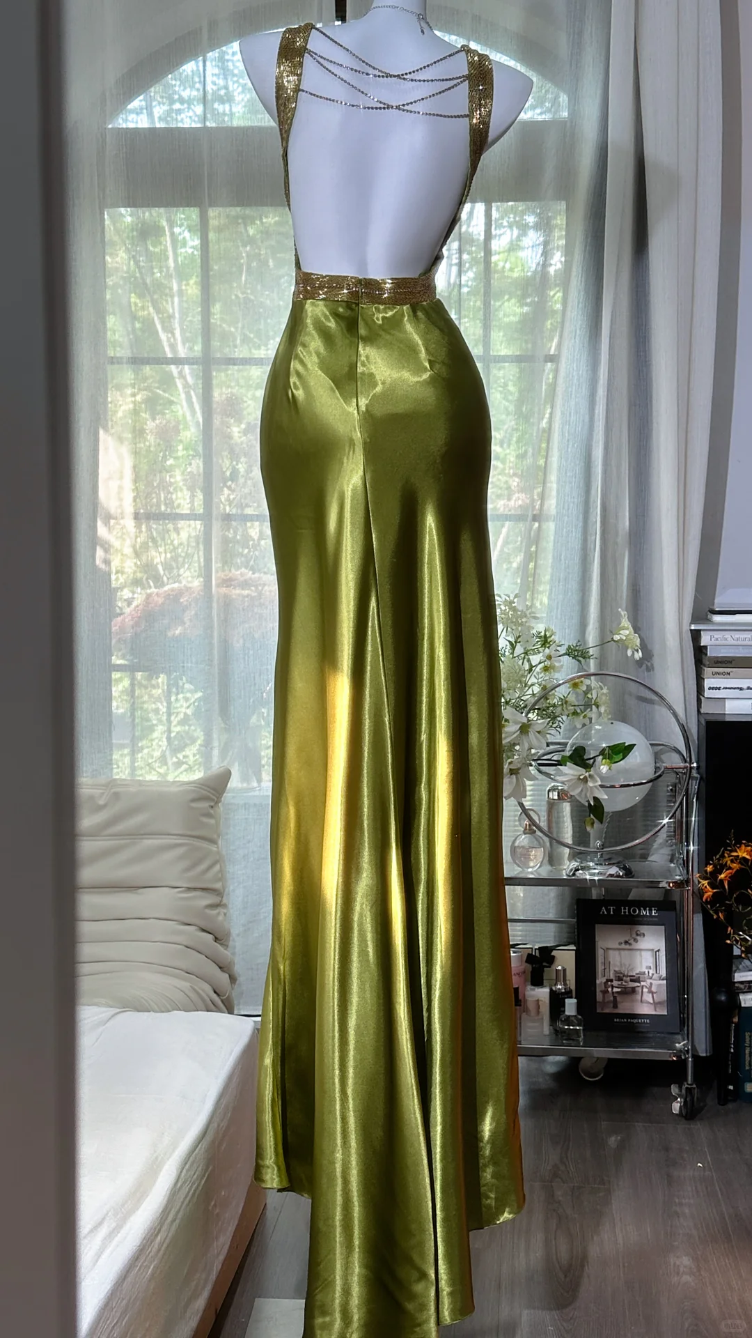 Vintage Olive Green V Neck Satin Backless Mermaid Party Dress Long Evening Dress