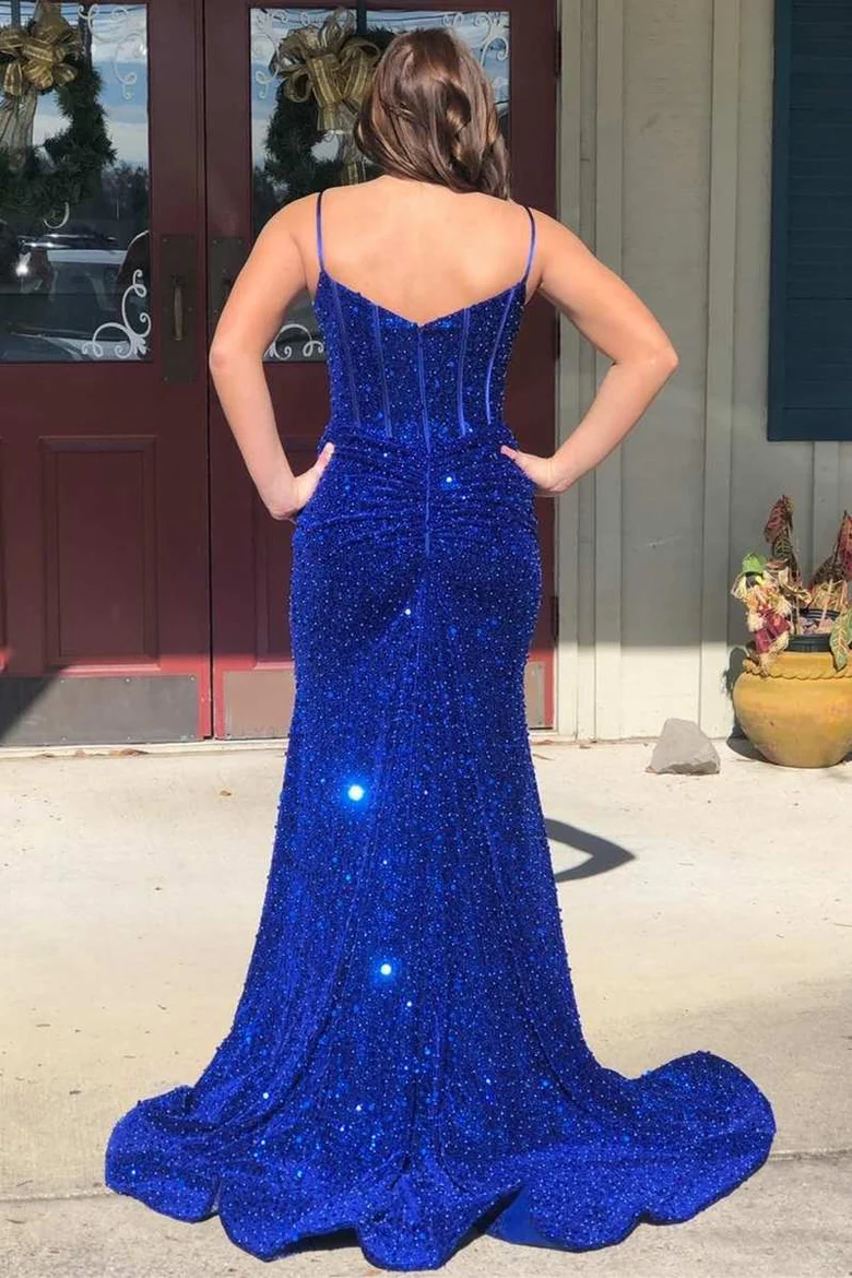 Royal Blue Sequin Split Neck Mermaid Long Prom Dress