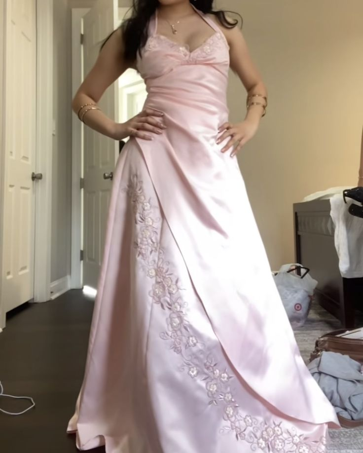 Classy Halter Pink Satin Mermaid Long Birthday Party Dress Evening Gown