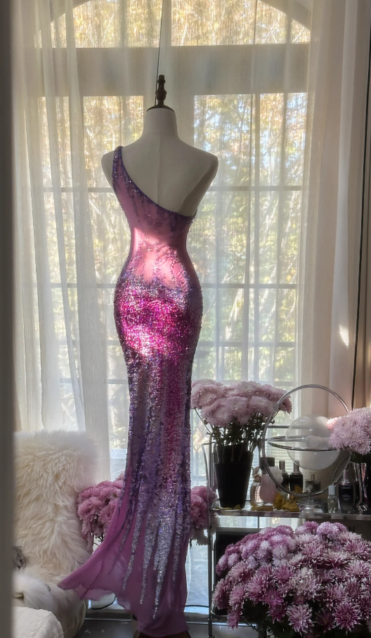 Glamorous Ombre Purple One Shoulder Chiffon Sequin Beaded Mermaid Long Evening Dress Birthday Party Dress
