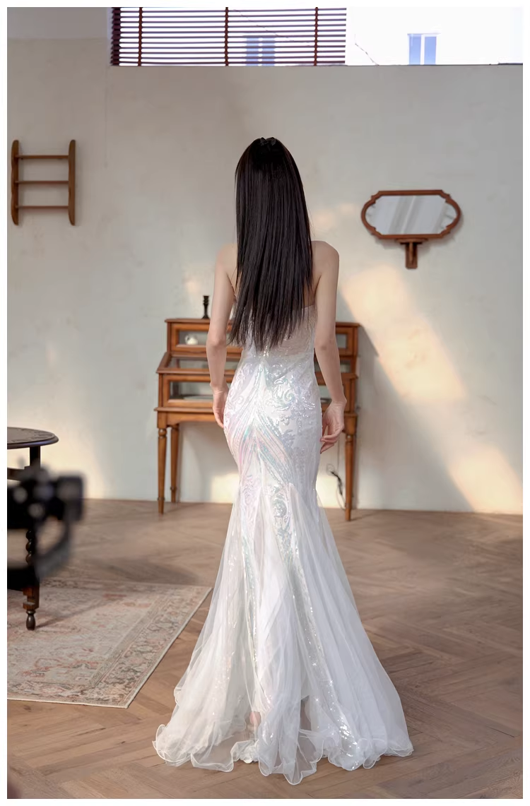 Classy Feathers Strapless White Tulle Sequin Mermaid Long Evening Dress Prom Dresses