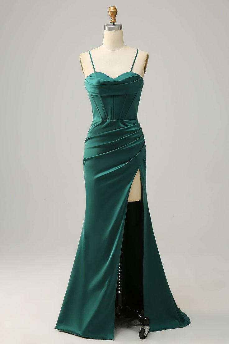 Pretty Mermaid Spaghetti Straps High Slit Prom Dress Dark Green Party Evening Gown