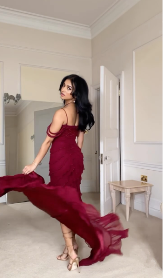 Burgundy Off Shoulder Straps Multi-layered Ruffles Long Prom Dress Chiffon Evening Dress