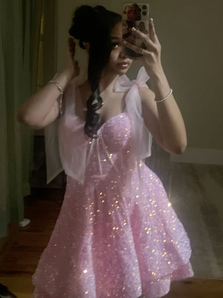 Charming Pink Sequin A Line Short Graduation Homecoming Dress 21st Birthday Outfits