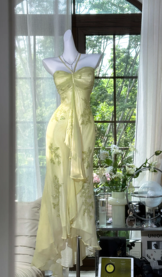 Vintage Halter Green Chiffon Beaded Mermaid Prom Dress Long Party Dress