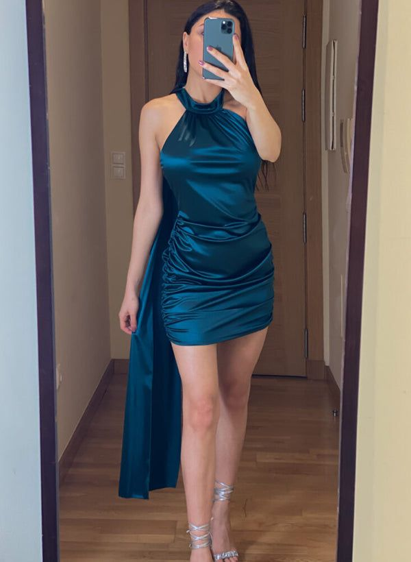Classy Blue Halter Sleeveless Sheath Short Party Dress Formal Cocktail Dress Homecoming Dress