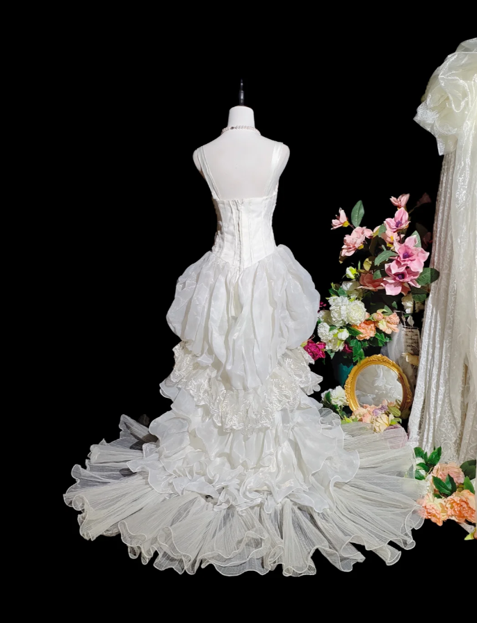 Classy Spaghetti Straps White Satin Tulle Layered Ruffles Long Mermaid Evening Dress Birthday Party Dress