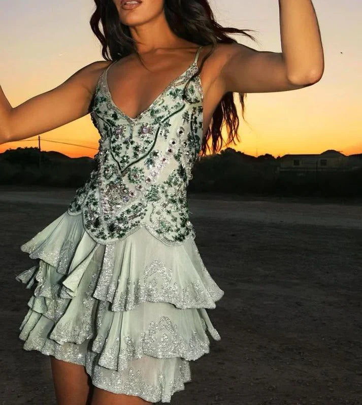 Vintage A line Spaghetti Straps Light Mint Green Chiffon Formal Homecoming Dress