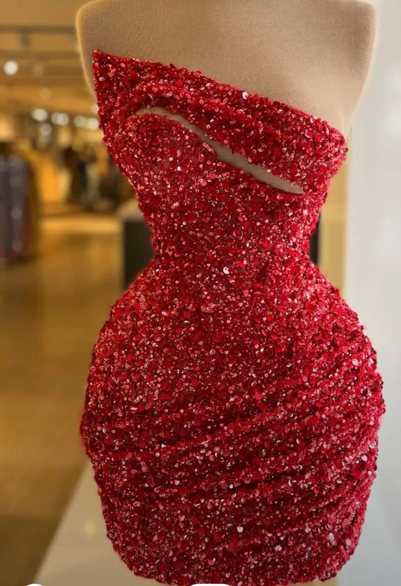Red sleeveless short sequins party dress, short dinner dress, wedding reception dress, shimmery gown