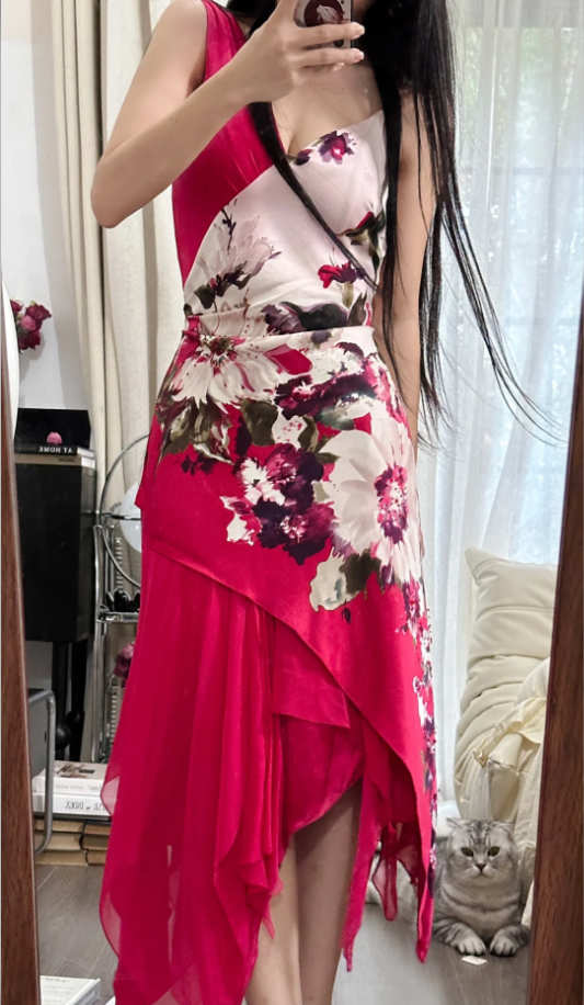 Charming Red V Neck Satin Floral Chiffon Mermaid Long Party Dress Birthday Dress