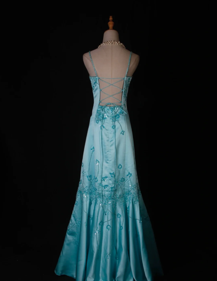 Gorgeous Blue Spaghetti Straps Satin Beaded Mermaid Long Birthday Prom Dress Party Dress