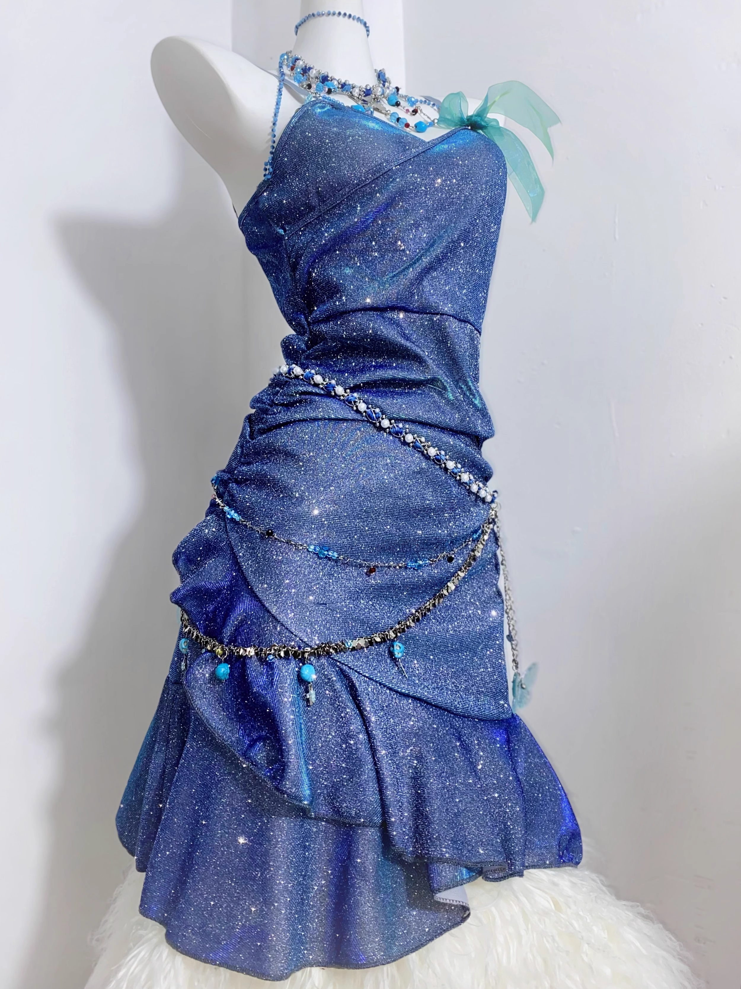 Glitter Spaghetti Straps Navy Blue Ruffles Short Homecoming Dress Birthday Outfits