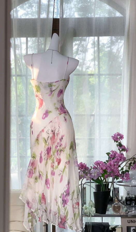 Pretty Spaghetti Straps Chiffon Print Floral Mermaid Evening Dress Long Party Dress