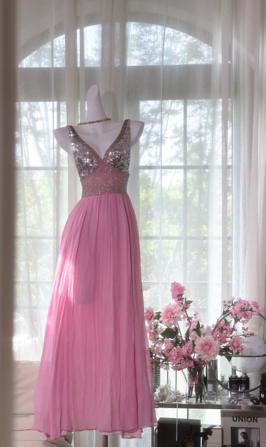 Pretty Pink V Neck Sequin Chiffon A Line Long Wedding Guest Dress Formal Party Dress Prom Dresses