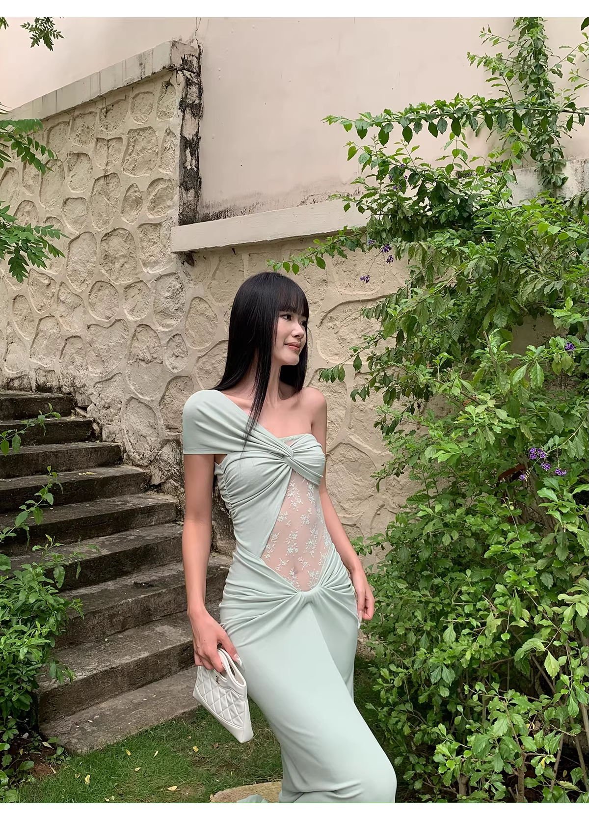 Elegant Pea Green Shoulder Satin Lace Mermaid Long Wedding Guest Dress Formal Evening Dress Prom Dress