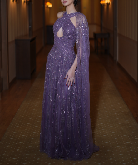 Shiny Purple Tulle Sequin Beaded A Line Long Wedding Guest Dress Formal Birthday Party Dress Evening Dress