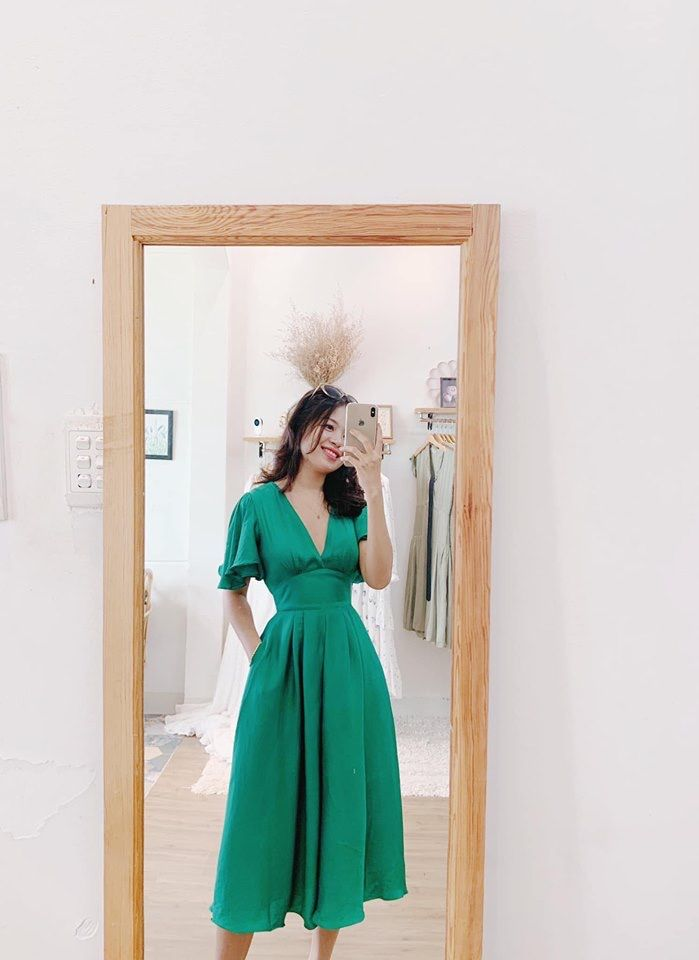 Green A-line V Neck Party Dress,Wedding Guest Outfit