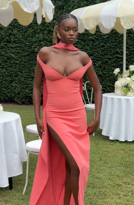Elegant V Neck Coral Pink Side Slit Mermaid Long Wedding Guest Dress Party Dress