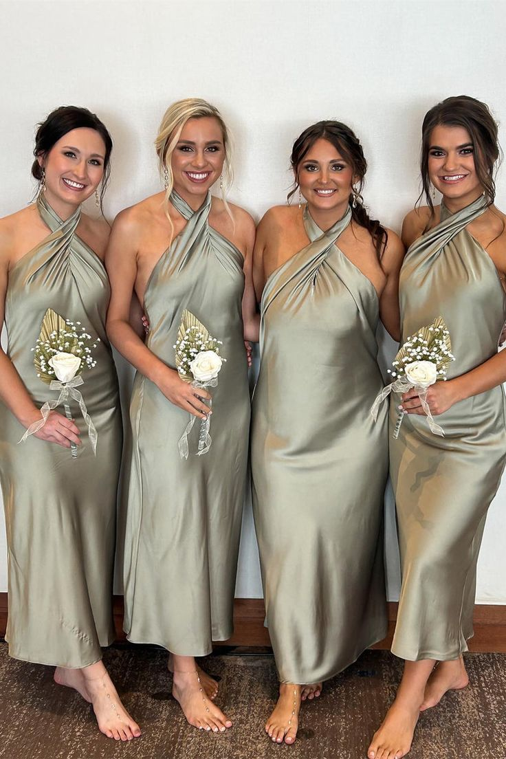 Classy Halter Champagne Backless Sheath Tea Length Bridesmaid Dress Formal Wedding Guest Dress