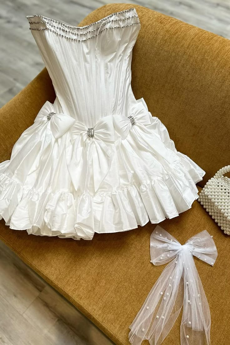 White Strapless Satin Beaded Short Homecoming Dress Cocktail Dress With Bow