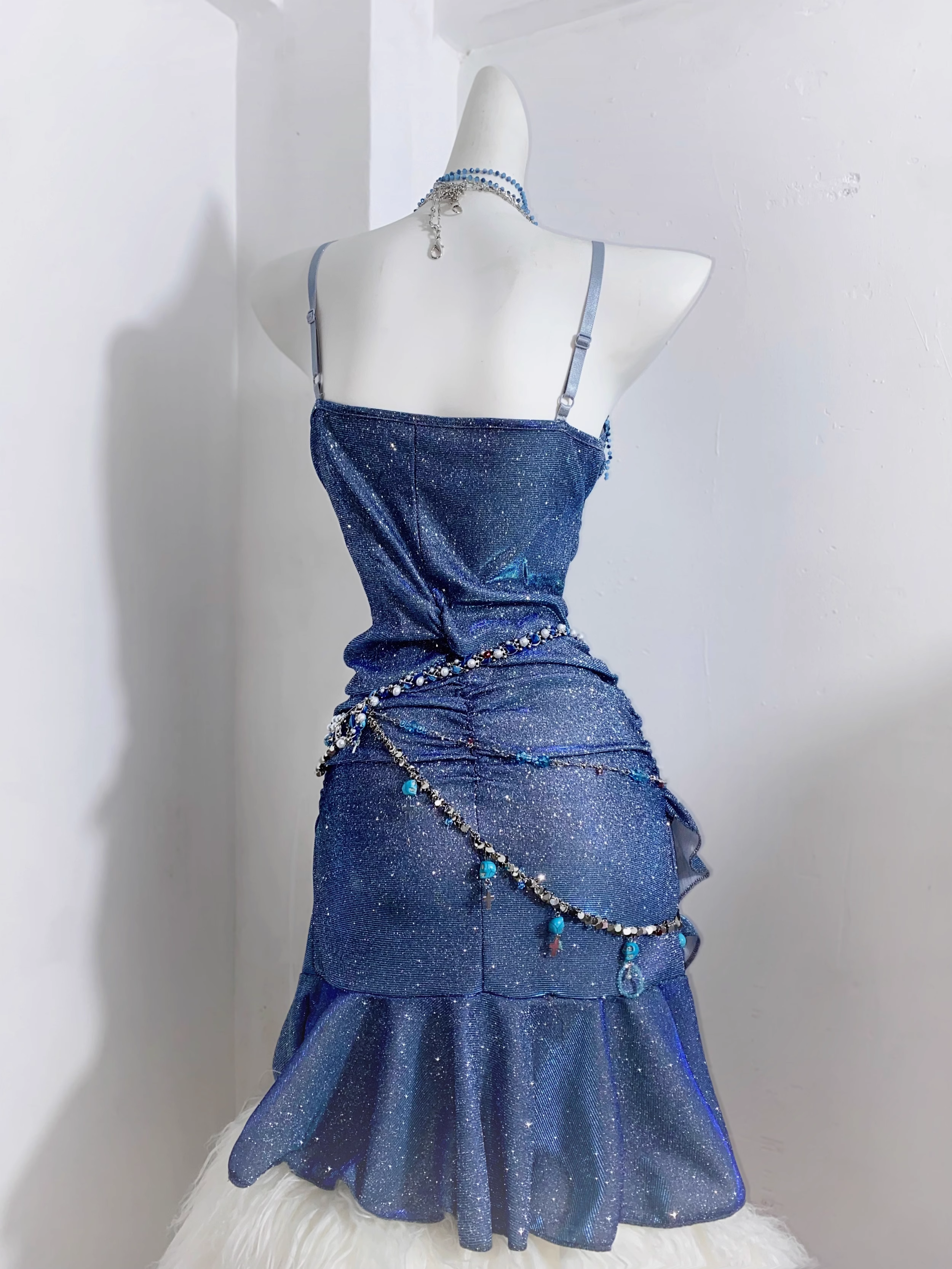 Glitter Spaghetti Straps Navy Blue Ruffles Short Homecoming Dress Birthday Outfits