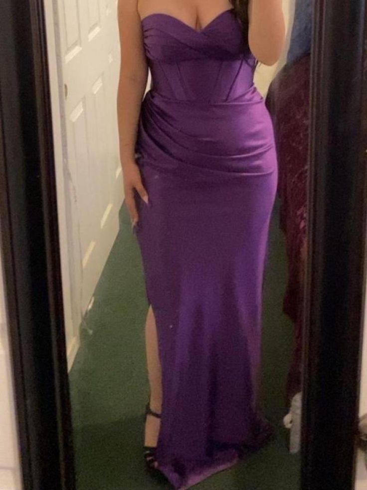 Purple Strapless Satin Sheath Party Evening Dress