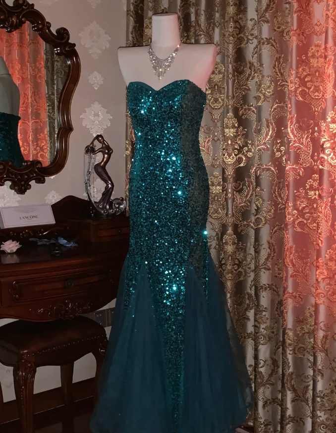 Vintage Strapless Green Tulle Sequin Mermaid Evening Dress Long Wedding Guest Dress Party Gown