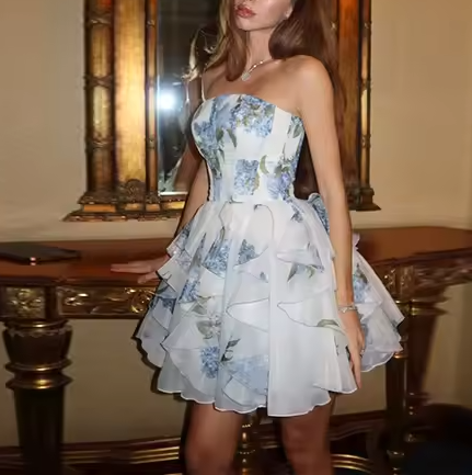 Classy Strapless Chiffon Print Floral A Line Short Graduation Homecoming Dress 16th Birthday Outfits