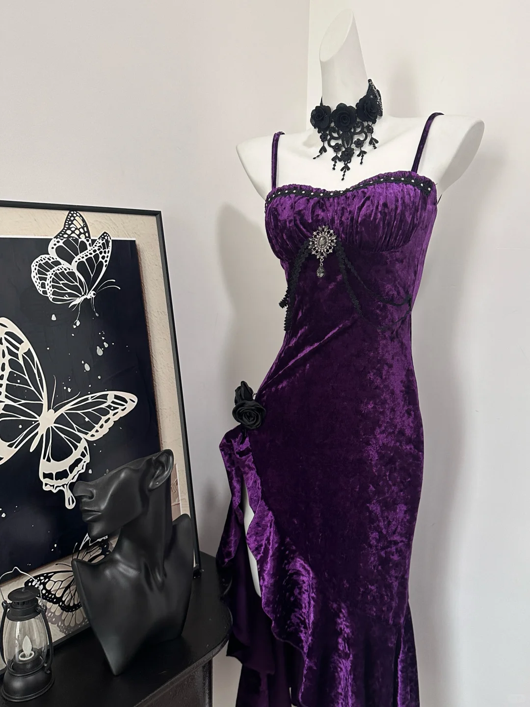 Pretty Spaghetti Straps Purple Velvet Ruffle Party Dress Birthday Evening Dress