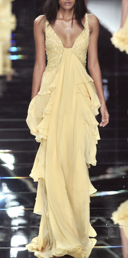 Classy Yellow V Neck Chiffon Layered Sequin Long Prom Dress Evening Gown