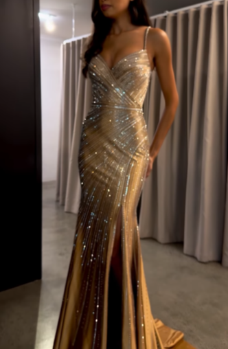 Elegant Spaghetti Straps Brown Satin Beaded Slit Mermaid Evening Dress Long Birthday Party Dress
