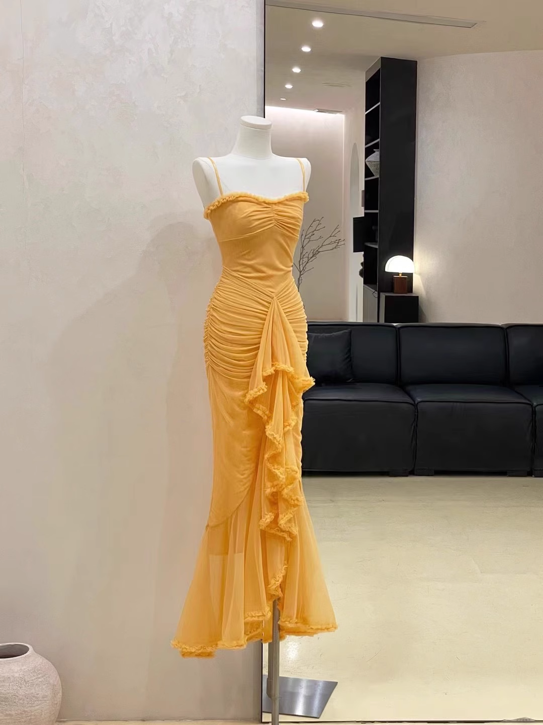 Sexy Spaghetti Straps Chiffon Pleated Mermaid Party Dress Yellow Birthday Dress