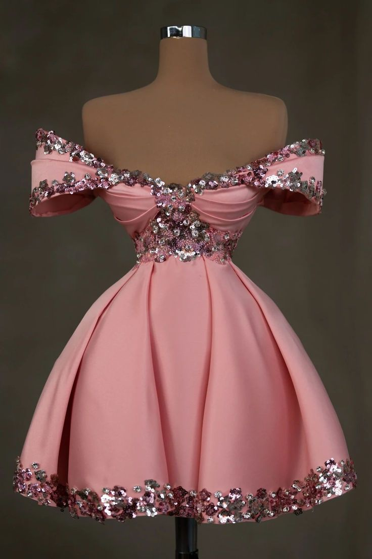 Gorgeous A-Line Off-Shoulder Satin Sequins Beaded Homecoming Dress Pink Short Cocktail Dress