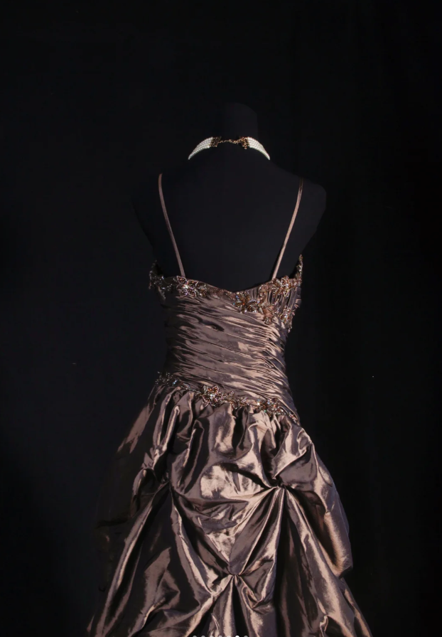 Retro Spaghetti Straps Brown Satin Pleated Beaded Long Party Dress Birthday Dress
