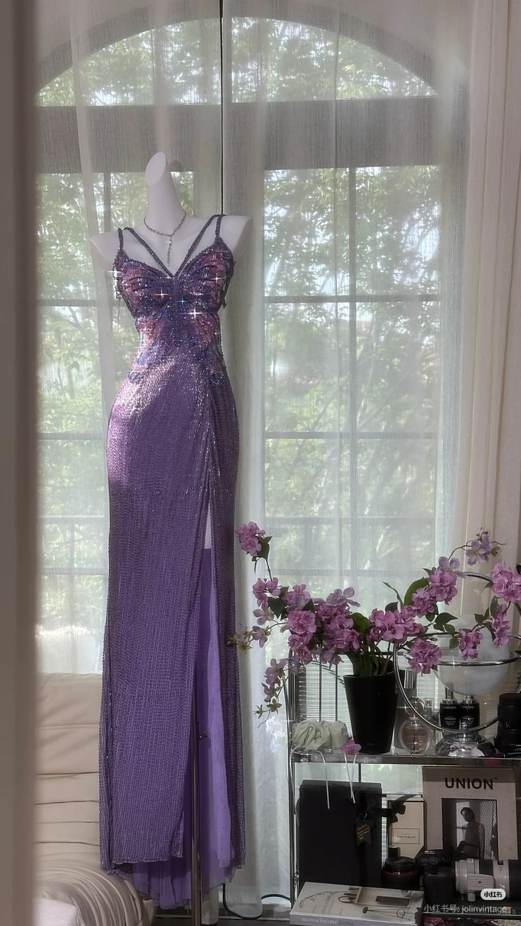 Classy Lavender Chiffon Sequin Spaghetti Strap Slit Party Gown Prom Dress