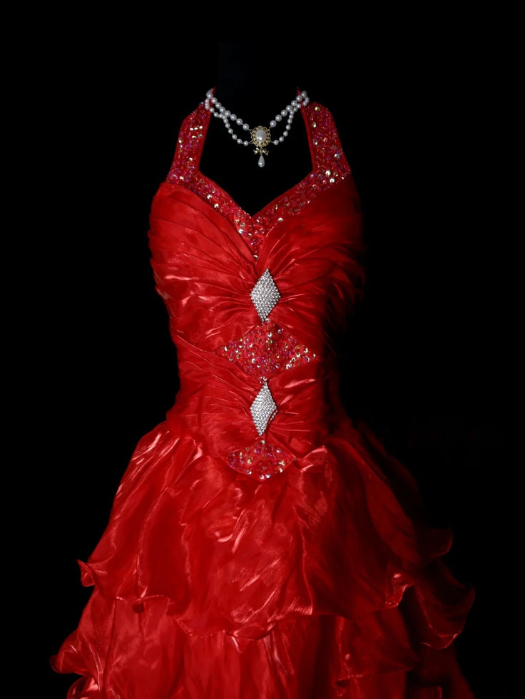 Gorgeous Red Halter V Neck Beaded Organza Pleated Layered Mermaid Long Evening Dress Prom Dress