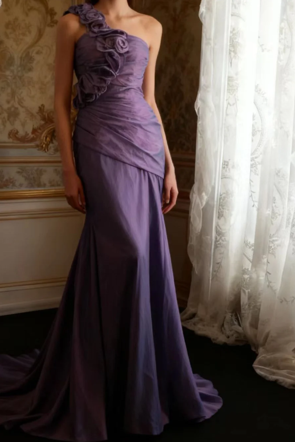 Elegant Purple One Shoulder Satin Floral Mermaid Long Party Dress Formal Wedding Guest Dress