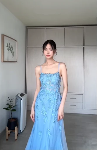 Charming Blue Mermaid Tulle Appliques Evening Dress,Long Prom Party Dress
