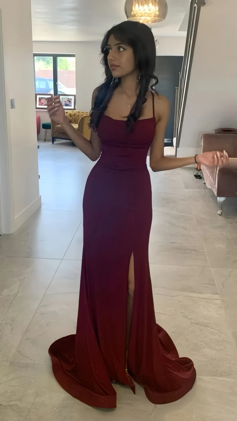 Shiny Burgundy Mermaid Split Prom Party Dress Long Evening Gown