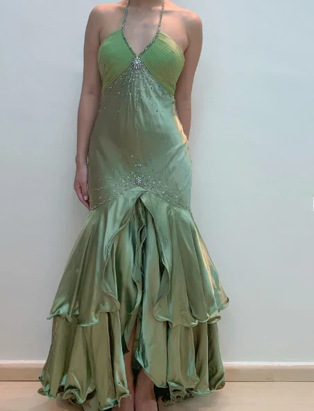 Vintage Sage Green Halter V Neck Satin Beaded Mermaid Prom Dress Long Evening Dress