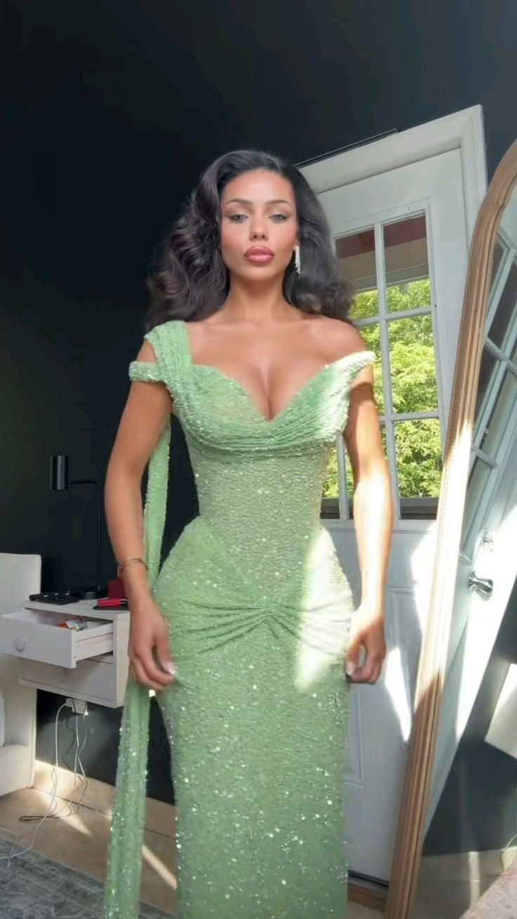 Glitter Mint Green Sequin One Shoulder Mermaid Prom Dress Side Slit Long Party Dress