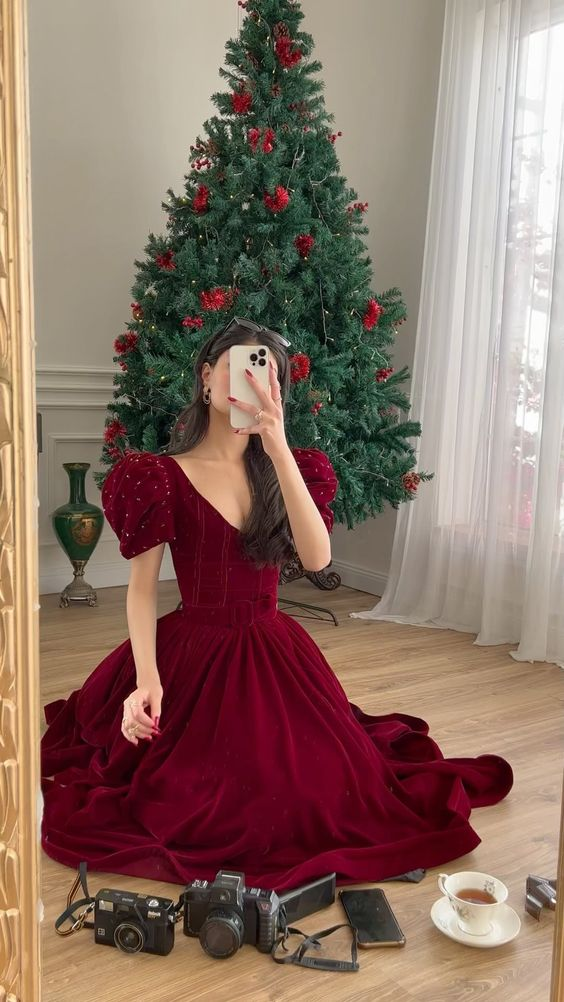 Dark Red Velvet V Neck Short Puff Sleeve Beaded A Line Floor Length Evening Dress