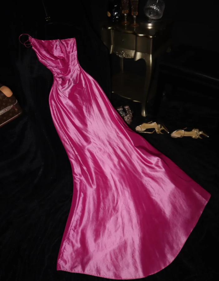Stylish One Shoulder Hot Pink Satin Mermaid Evening Dress Birthday Outfits