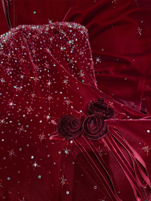 Pretty Burgundy Strapless Velvet Beaded Long Birthday Party Dress Evening Dress