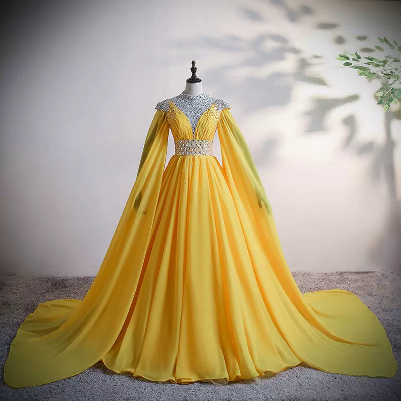 Yellow Chiffon Long Beaded Ball Gown Formal Dress, Yellow Formal Dress, Prom Dress