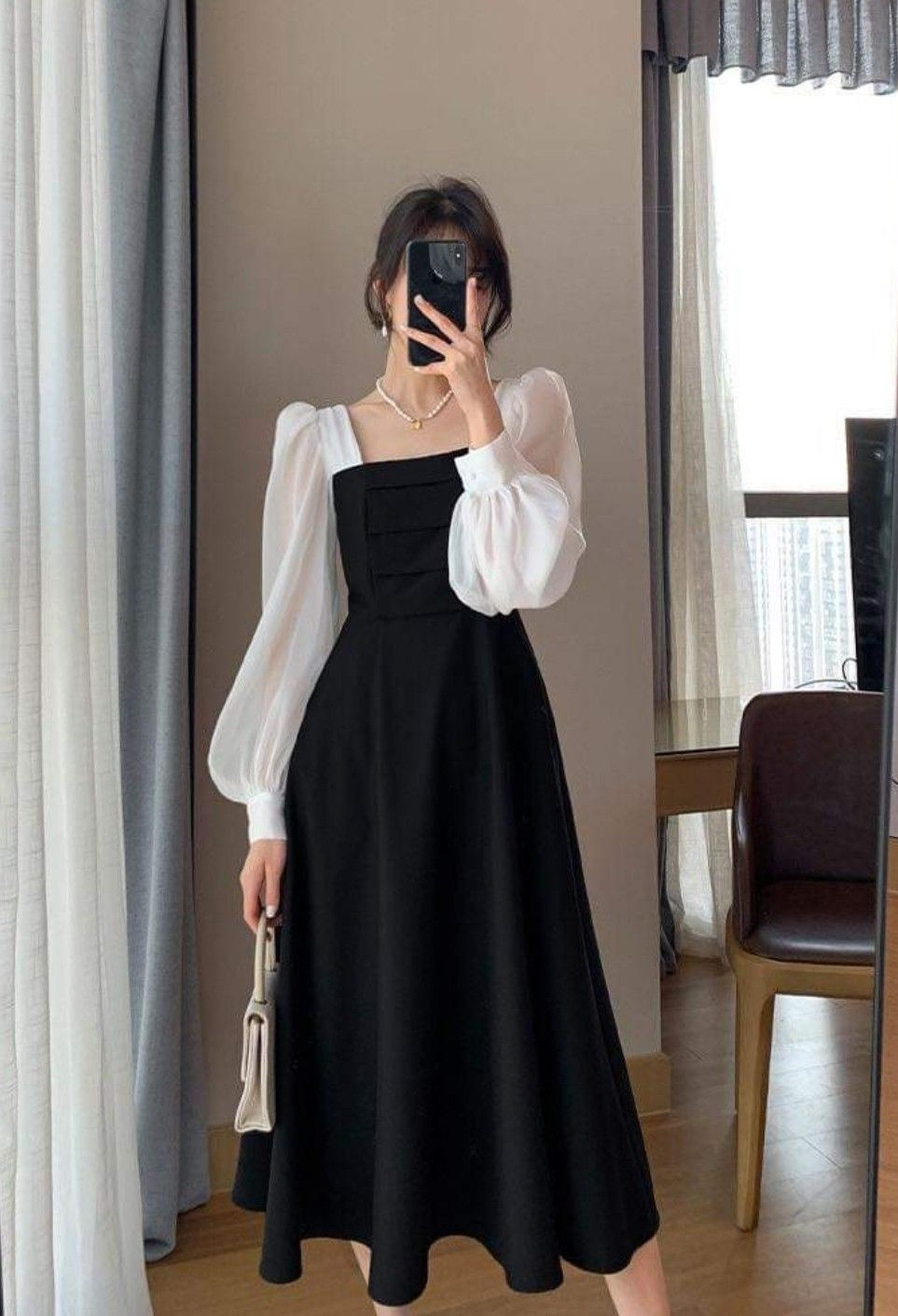 French Contrast Color Patchwork Square Neck Puff Sleeve Prom Dress