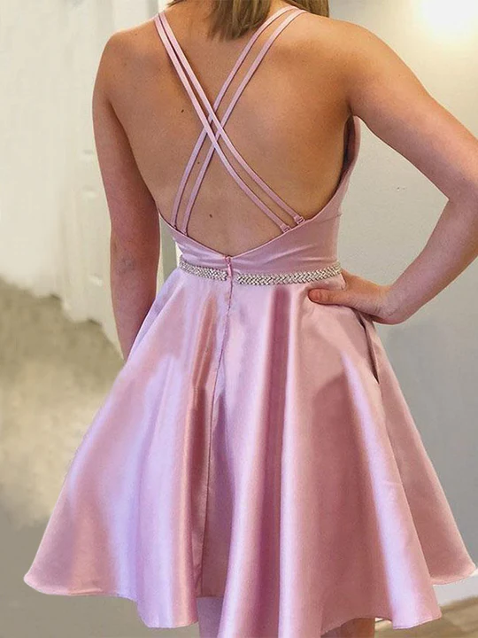 A-Line/Princess Satin With Rhinestone Straps Sleeveless Short/Mini Homecoming Dresses
